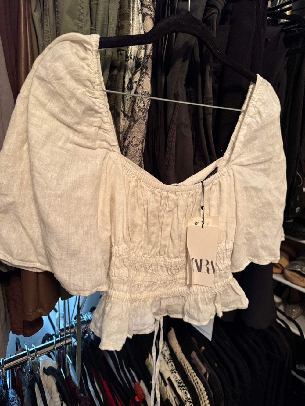 Zara Cream Smocked Peasant Crop Top